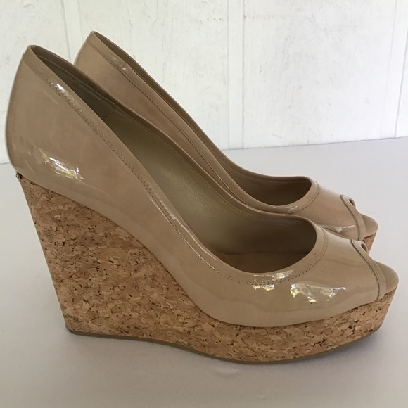 JIMMY CHOO NUDE PATENT LEATHER CORK WEDGE SIZE 10 - Picture 6 of 15
